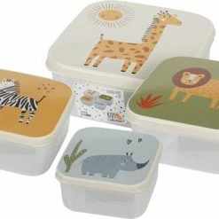 Hete verkoop 🌟 Konges Slöjd Snackdozen Safari - Koekendoosjes - Set Van 4 - Zebra / Giraf / Leeuw / Neushoord 🔔