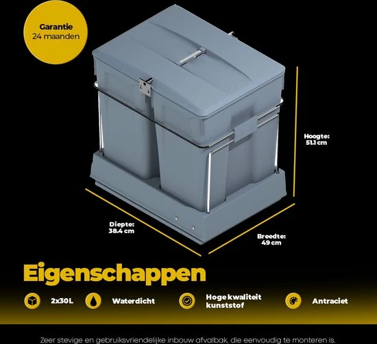 Top 10 π Eleganca Afvalbak 2x30L - Uittrekbare Prullenbak - Inbouw Afvalemmer 60L - Grijs - B38,4xD49xH51,1cm β 4 Top 10 π Eleganca Afvalbak 2x30L - Uittrekbare Prullenbak - Inbouw Afvalemmer 60L - Grijs - B38,4xD49xH51,1cm β - Afbeelding 4