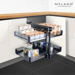 Flash-uitverkoop 😍 Milano Luxurious® Magic Corner - Hoek Keukenkast Organizer- Uitschuiflades - 4 Plateaus, 2 Levels - 48 X 87 X 58 Cm - Deurbreedte 40 Cm – Antraciet 🛒