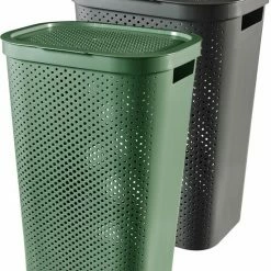 Uitgang ✨ Curver Infinity Dots Recycled Wasmand Met Deksel - 60L - 2 Stuks - Antraciet + Groen ⌛